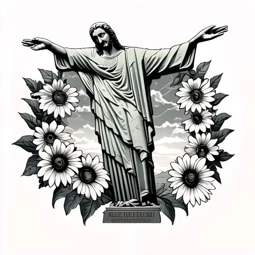 Christ The Redeemer Statue With Black Eyed Susans Underneath