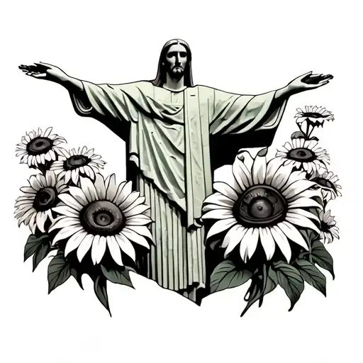 Christ The Redeemer Statue With Black Eyed Susans Underneath The Statue