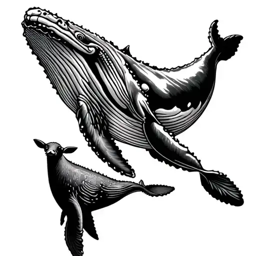 Humpback Whale And Calf Tattoo In A Woodcut Style