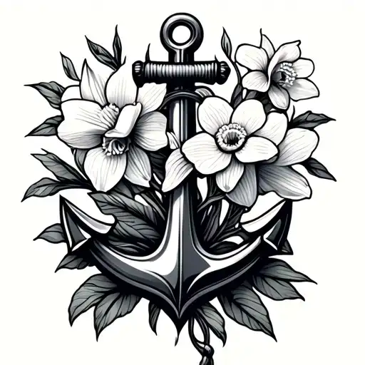 Anchor Tattoo With Narcissus Flower And Sweet Pea Flower
