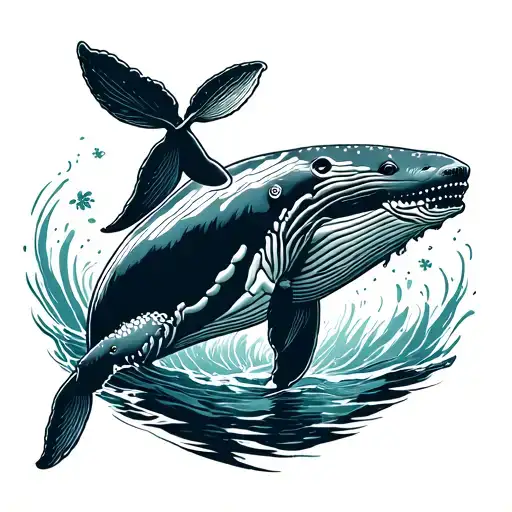 Humpback Whale And Baby Humpback Whale Swimming Together As A Tattoo In A Woodcut Style
