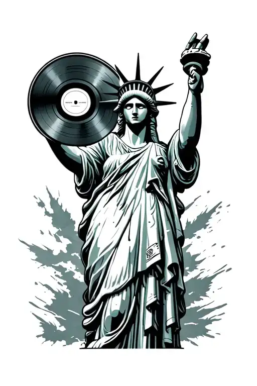 Statue Of Liberty Holding Vinyl Record And Doing Sign Of The Horns With Right Hand