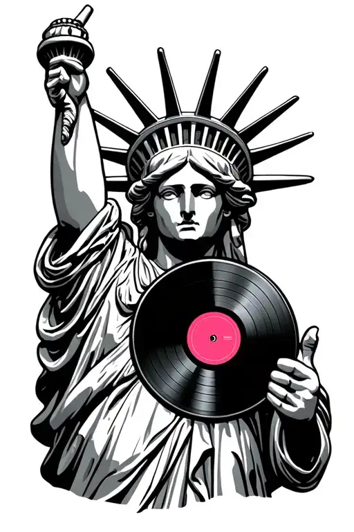 Statue Of Liberty Holding Vinyl Record And Doing Sign Of The Horns With Right Hand