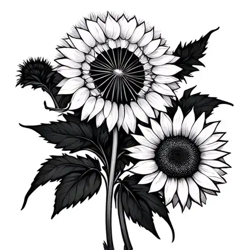 Dandelion Flower With Black Leaves And Sunflower Growing