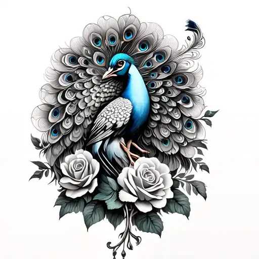 Peacock With Roses At The Bottom Half