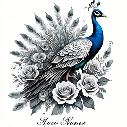 Peacock With Feathers Spread Out Roses At The Bottom Half With A Name In The Middle Of Them