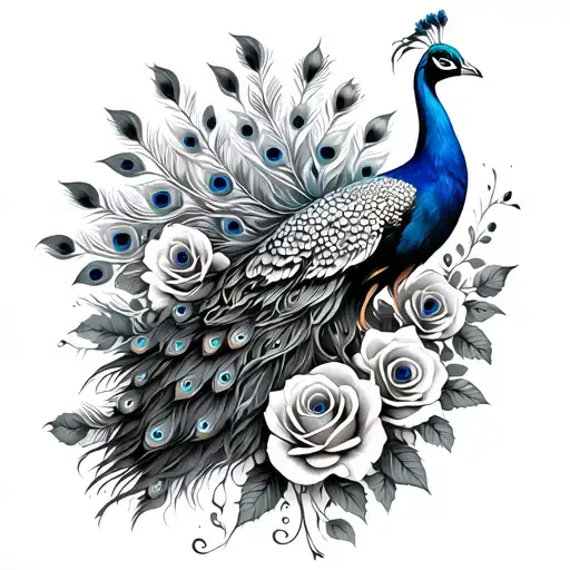 Peacock With Feathers Spread Out Roses At The Bottom Half