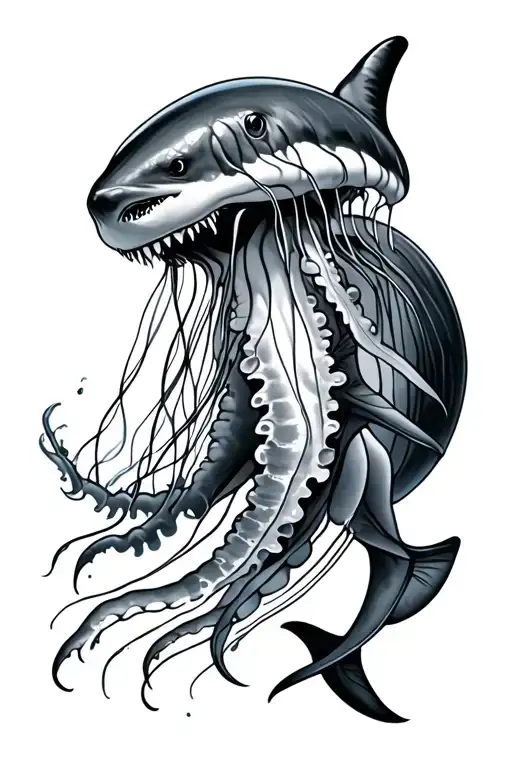 Jellyfish And A Shark Swimming