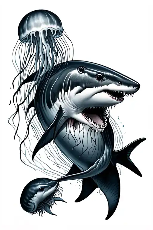 Jellyfish And A Shark Swimming Together