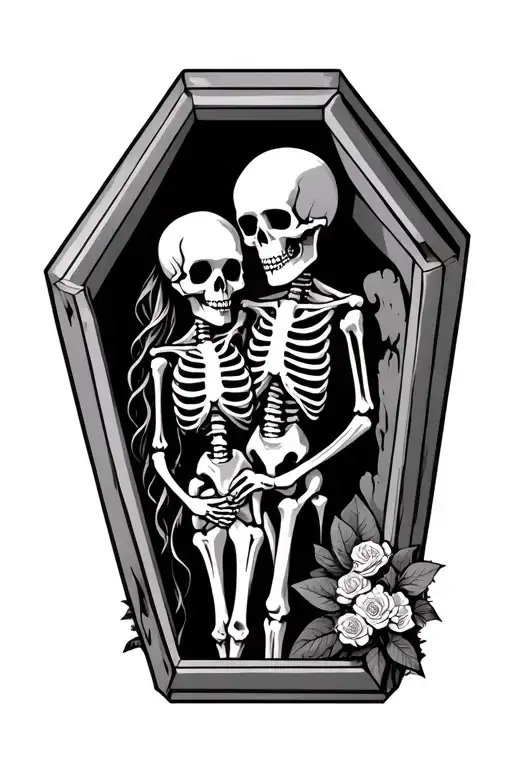 Husband Wife Skeletons In A Cemetery Outlined In A Coffin Shape