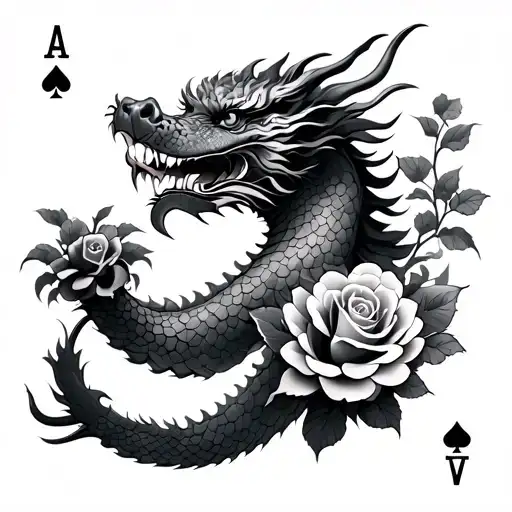 Chinese Dragon With Roses And Aces