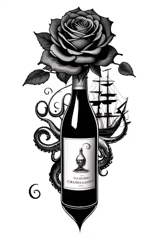 Black Rose With Wine Bottle And Ship And Kraken In It