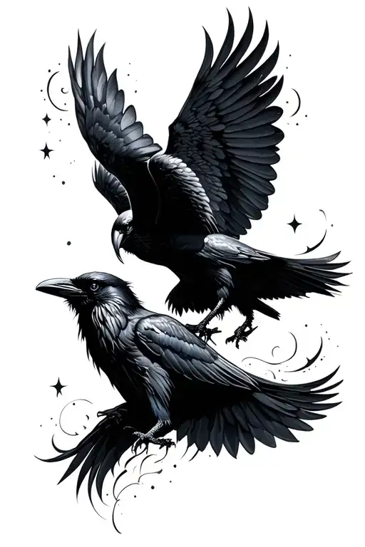 Silhouette Celestial Ravens Flying Together Wings Entwined