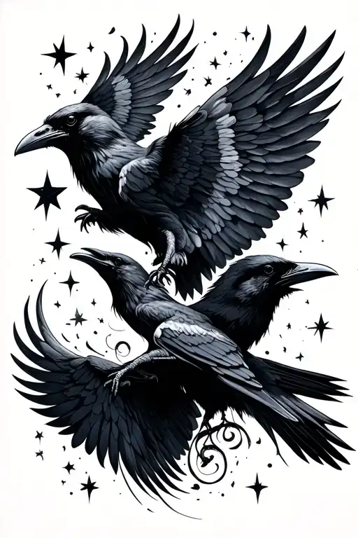 Silhouette Ravens Made Of Stars Flying Together Upward Wings Entwined