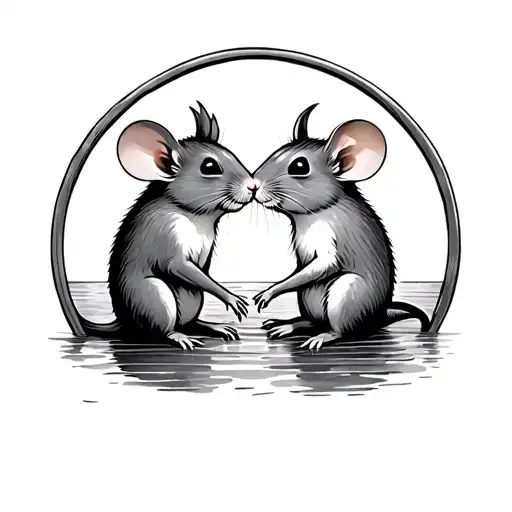 Two Marine Mice In Love Inside A Ship Cabin Seen From Outside A Circled Window