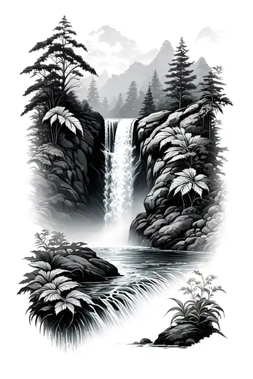 Waterfall Surrounded By Lush Greenery