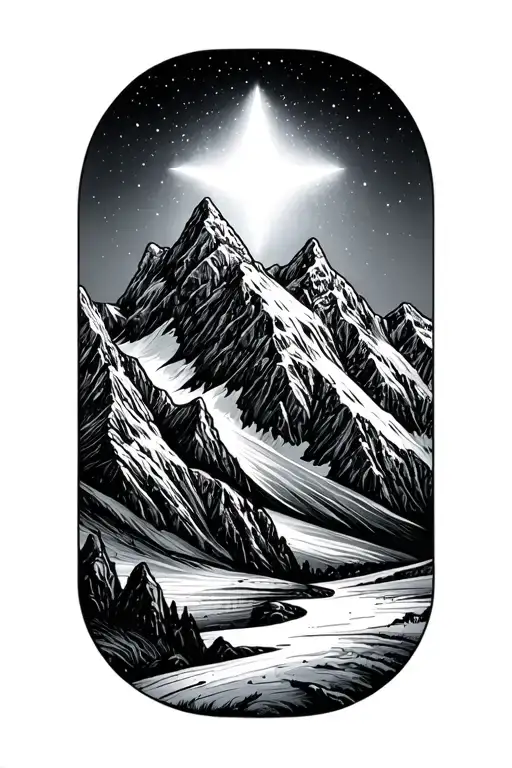 Three Mountain Peak Landscape With A Northern Star Above Them