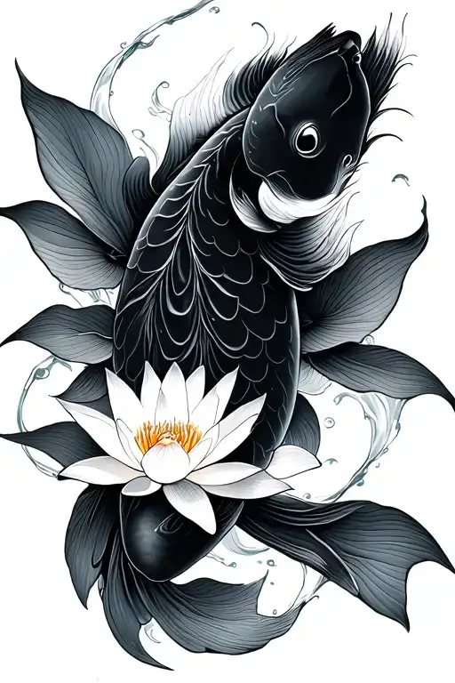 Black Koi With White Lotus Flower
