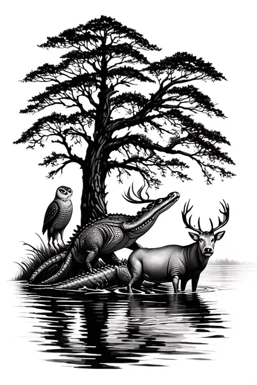 Cypress Tree In Black Water Black Shading With Gator And A Deer And Hog And A Hootowl
