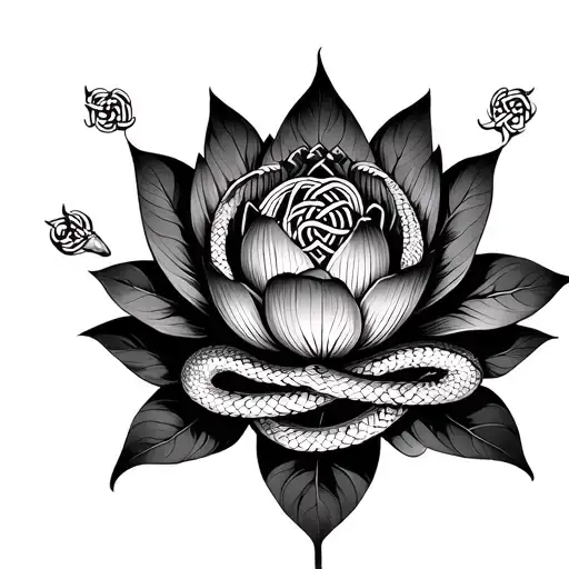 Lotus Flower Medusa Two Snakes Wrapping Out And A Karma Endless Knot Pattern On Leaves