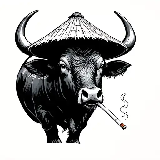 Water Buffalo Smoking Cigarette With A Rice Hat