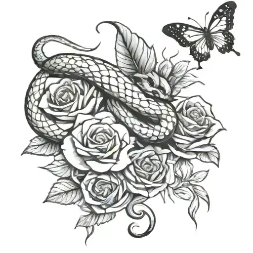Snake With Rose And Butterfly And Spider