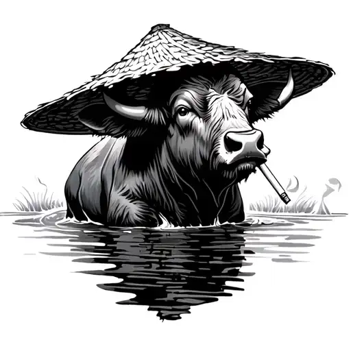 Water Buffalo With Rice Hat Smoking A Cigarette