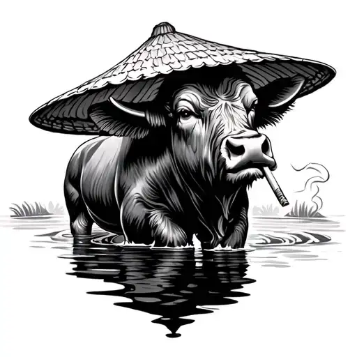 Water Buffalo With Rice Hat Smoking A Cigarette