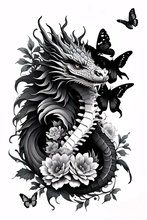 Spine Tattoo With A Dragon Intertwined With Flowers And Butterflies