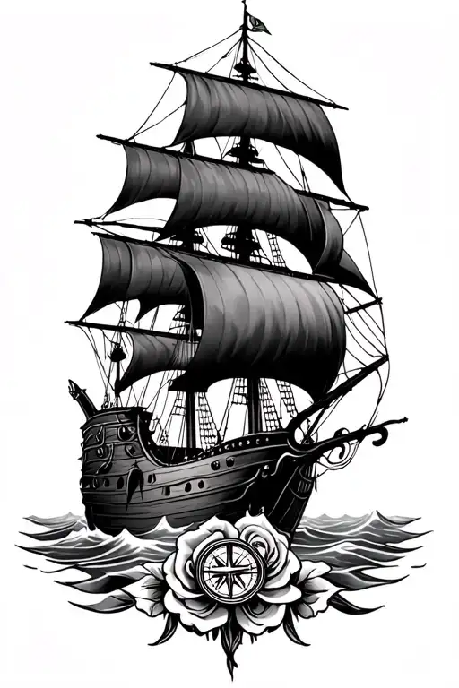 Pirate Ship Sailing With Compass And Roses On Upper Arm