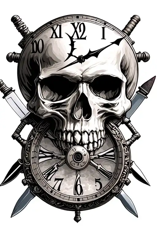 Skull And Clock With Ship Wheel With Knives