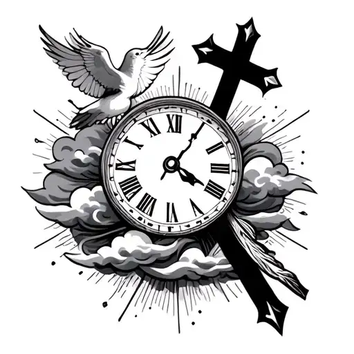 Half Sleeve Tattoo That Has Religious Crosses And A Dove And A Clock With Clouds And Sunshine Rays