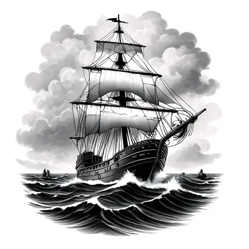 Tall Ship Sailing Through Stormy Seas