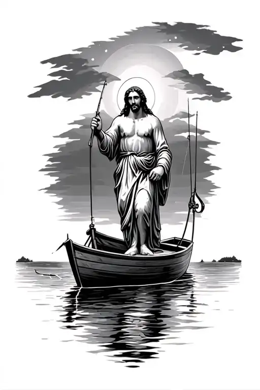Jesus Fishing On A Boat At Night