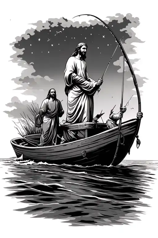 Jesus Fishing On A Boat At Night Fish Everywhere