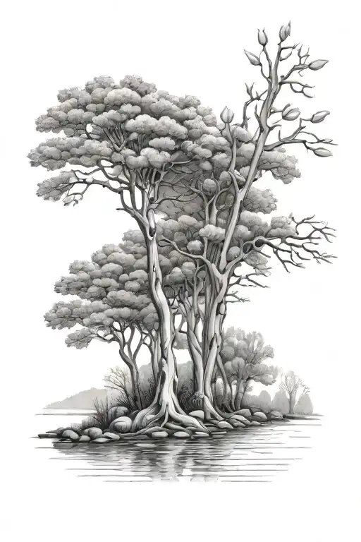 Tulip Poplar Trees On Hills Next To A River Flowing
