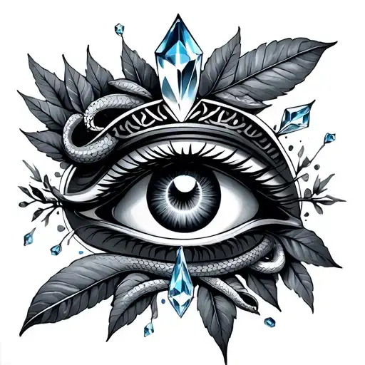 Eye Of Ra With Crystals And Leaves And Snakes Surrounding The Eye As It's Glowing