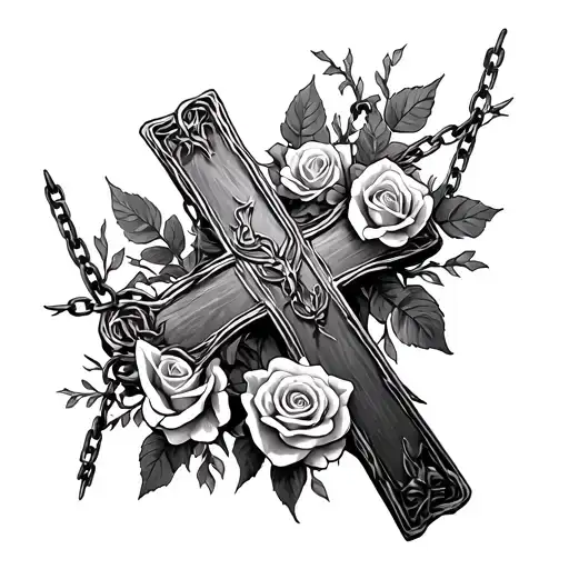 Cross With The Corns Of Thorns With Chains And Roses