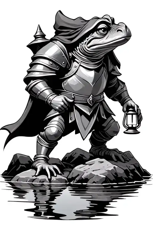 Toad Holding A Lantern Wearing Knight Armor With A Hood Standing On Rocks By Water