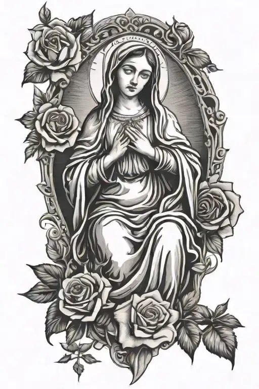 Virgin Mary With Jesus With Moon With Rose Intertwined