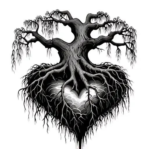 Weeping Willow Tree That Has Roots With Roots That Grow Down Into A Heart Shape