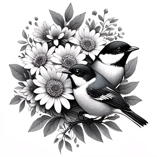 Chickadees And Aster Flower Bouquet