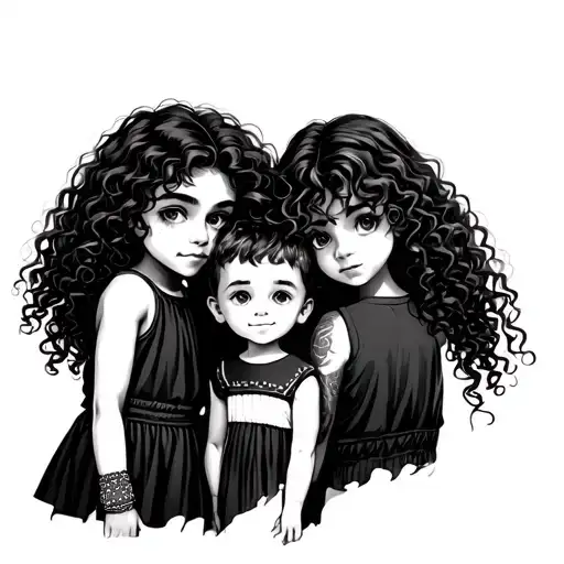Two Girls Standing Next To Little Boy With Curly Hair