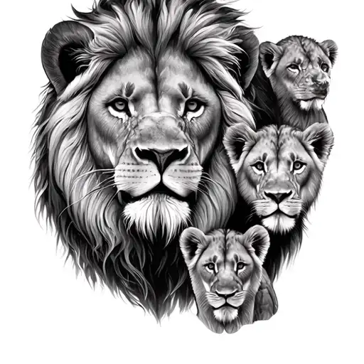 Old Lion With Regular Lion And Cubs