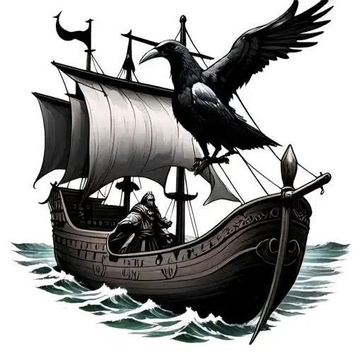 Viking Ship With Warrior And Crow