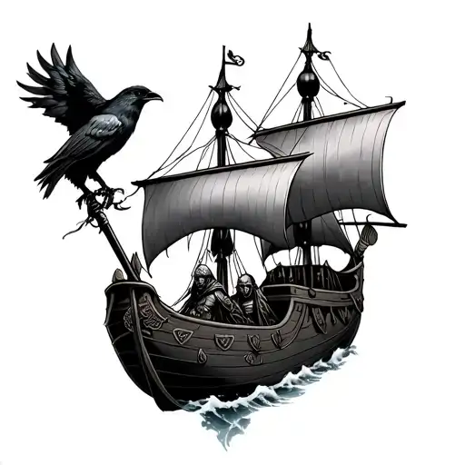 Viking Ship With Warrior And Crow