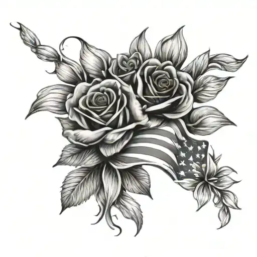 American Flag With Roses And Daisies And Tulips And Flowers