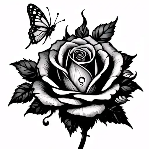The Fire Rose Unity Survivor Tattoo With Roses And A Butterfly With A Semicolon On The Flower