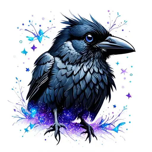 Cute Crow Glitter Tattoo With Blue And Purple Glitter