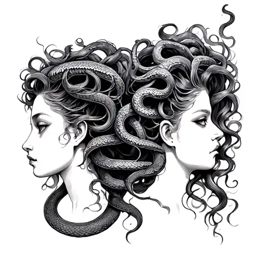 Back To Back Medusa With Snake Hair Intertwined